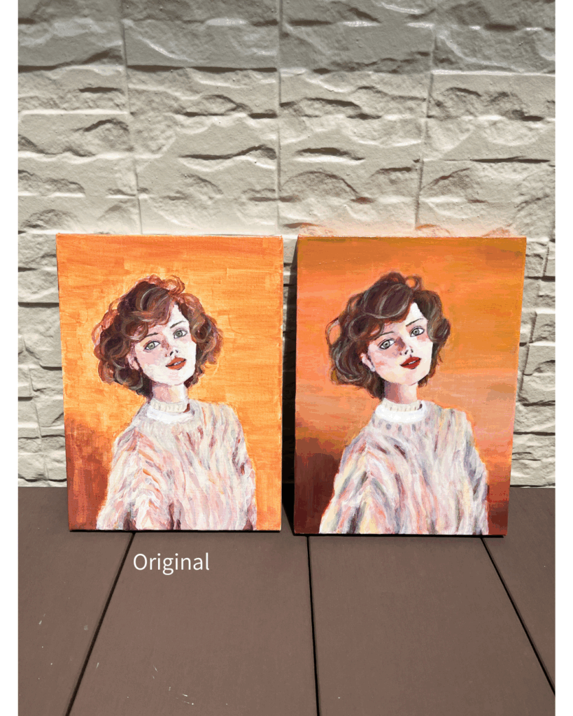 Yuka Mitsufuji（ミツフジ ユカ）による「ニットを着た女性」。オリジナルと複製画の2点。複製画も全体を加筆し、オリジナルと変わらないクオリティ。