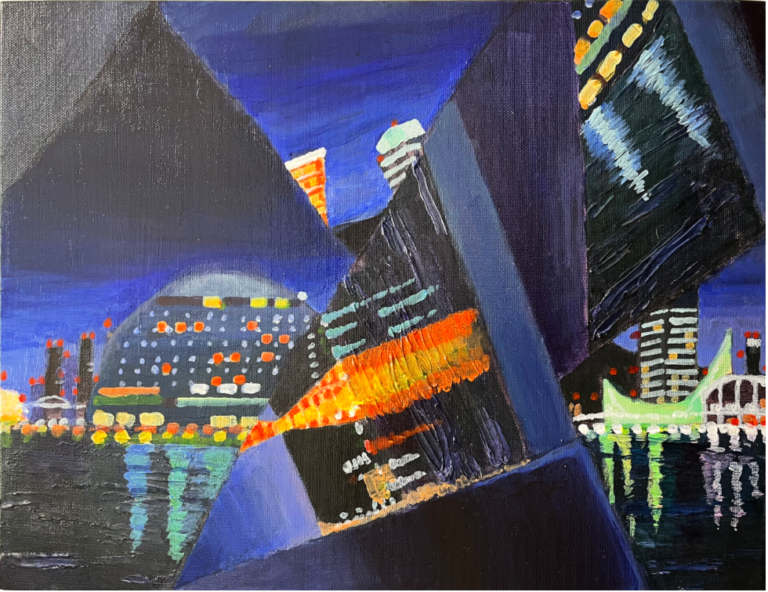 美しい神戸の海の夜景をキュビズム風に分解し、再構築したアート作品。光藤有佳(Yuka Mitsufuji)による色彩豊かな夜空と海の景色が印象的です。 A cubist interpretation of the beautiful night view of Kobe's sea, deconstructed and reconstructed by Yuka Mitsufuji (光藤有佳) with vibrant colors that highlight the night sky and the sea.