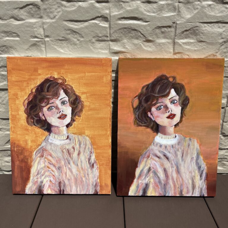 暖色を基調に、美しい女性を写実的に描いたF4サイズのアクリル画。原画をもとに丁寧に塗り重ね、3日間かけて仕上げられている。