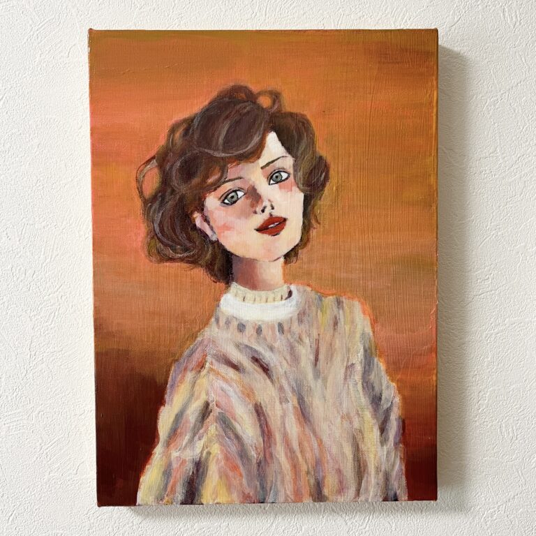 暖色を基調に、美しい女性を緻密に描いた写実的なアクリル絵画。F4サイズ。