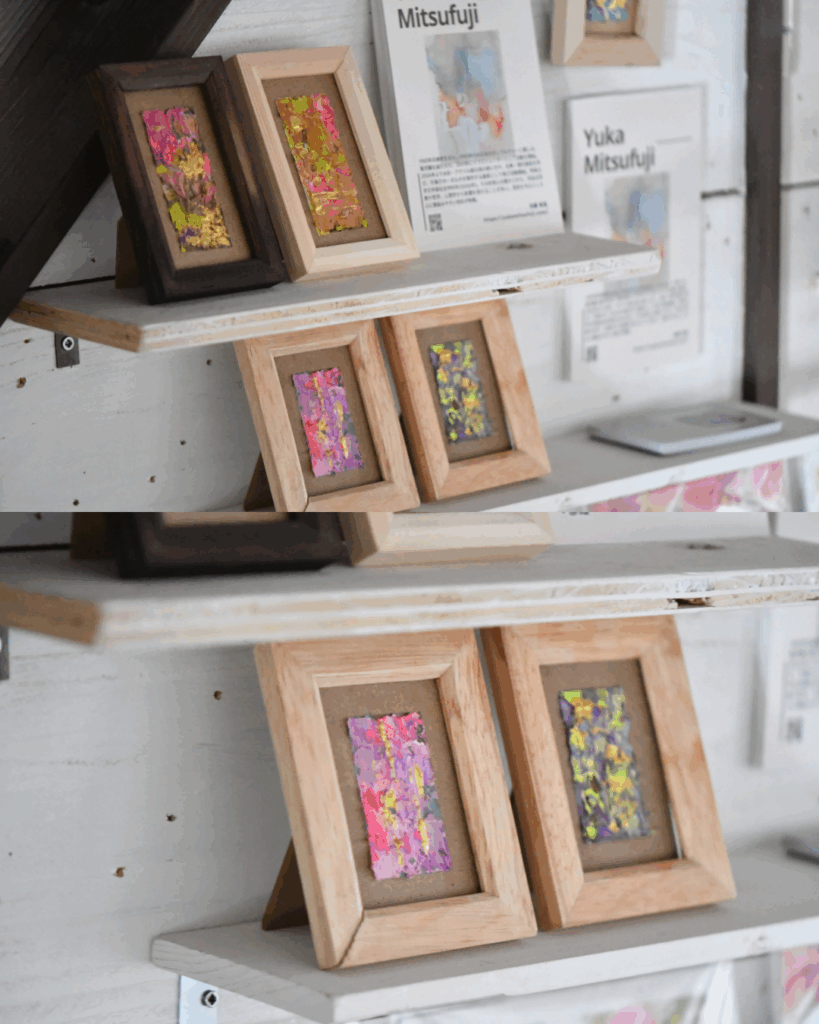 京都の雑貨店yooにて販売中のYuka Mitsufuji（ミツフジ ユカ）の現代アートをミニチュア雑貨化した作品。ミニサイズの絵画の美しいディスプレイ。テクスチャーアートなど多彩なバリエーション。
